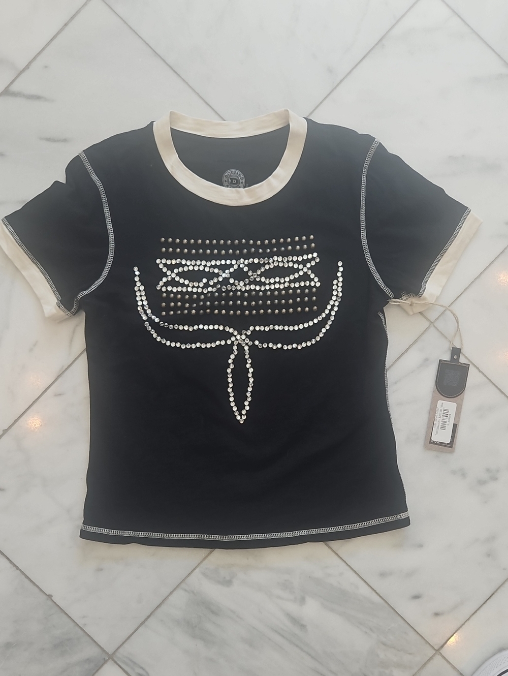 Double D Ranch Black Tee with Silver Stud Design and Cream Trim